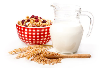 bowl of oat flake, and fresh milk, on white background. health a