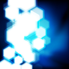 Abstract blue background with hexagons bokeh defocused lights.
