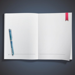 Realistic blue pen on white empty book