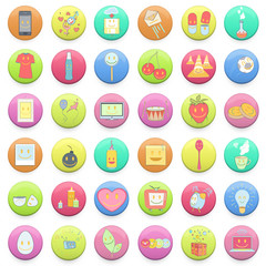 Collection of colorful badges with concept icon inside.