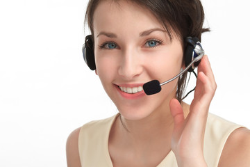 woman operator with headset - microphone and headphones