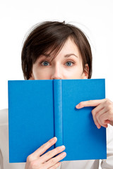 frightened student girl with a book