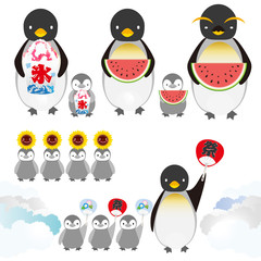夏の素材セット　ペンギン 暑中見舞い