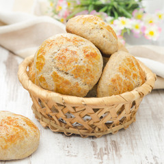 homemade cottage cheese bread rolls in a basket