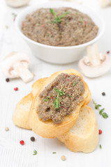 toast with mushroom pate, close-up