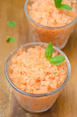 tomato sorbet with basil in a glass top view