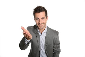 Cheerful businessman doing business presentation
