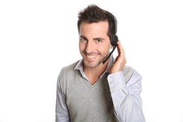 Customer service representative talking on phone