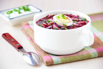 Traditional cold Lithuanian summery soup made of beets, cucumber