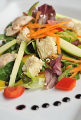 Chicken salad with tomatoes, arugula and cheese