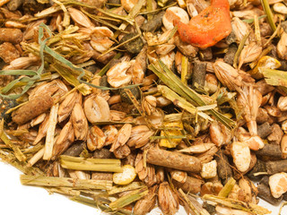 basic muesli  with herbs background for horse . close up