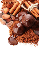 Composition of chocolate sweets, cocoa and spices, isolated