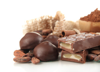 Composition of chocolate sweets, cocoa and spices, isolated