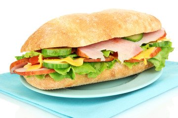 Fresh and tasty sandwich with ham and vegetables isolated