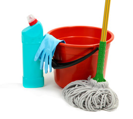 Mop, plastic bucket and rubber gloves, isolated on white