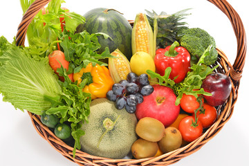 fruits and vegetables in basket isolated on white