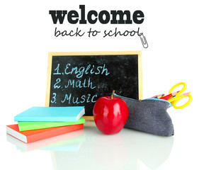 pencil box with school equipment and timetable isolated on