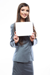 Smile Business woman portrait with blank white board on white is