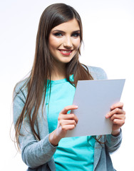 Young smiling woman show blank card.
