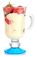 Delicious strawberry dessert in glass vase isolated on white
