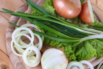 Composition with herbs and onions close-up