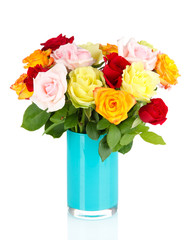 Beautiful bouquet of roses in vase isolated on white