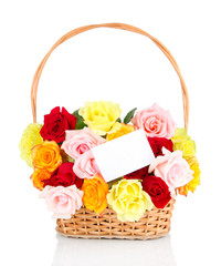 Fototapeta na wymiar Beautiful bouquet of roses in wicker basket isolated on white
