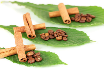 Coffee grains and cinnamon on sackcloth on green leafs close-up