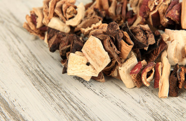 Dried mushrooms on wooden background