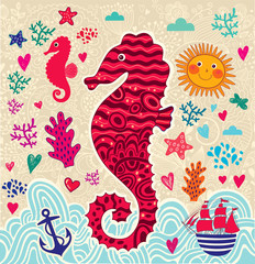 Vector cartoon marine illustration with seahorse © moleskostudio