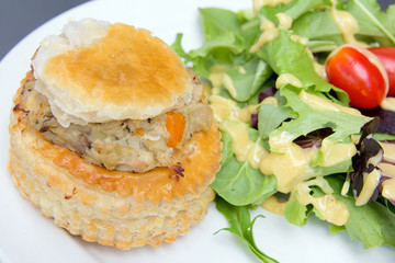Chicken Pot Pie with Salad Closeup