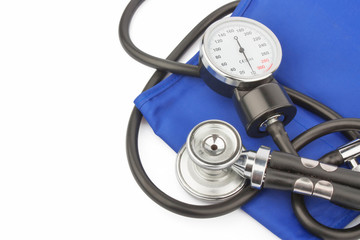 Manometer and stethoscope on white background, medical