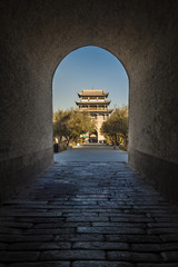 Jiayuguan tower, west end of Great Wall, Gansu of China. View fr