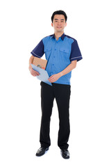 chinese delivery dispatch boy delivering a package isolated agai