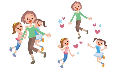 女性に抱きつく小学生ふたり