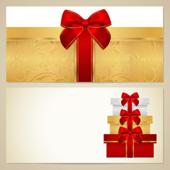 Gift certificate / Voucher / Coupon template. Bow, boxes