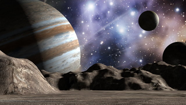 Jupiter and moons in space landscape