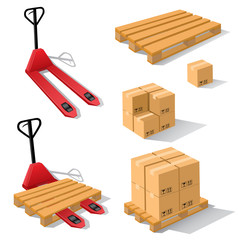 Hand forklift with pallets and boxes - 53186933