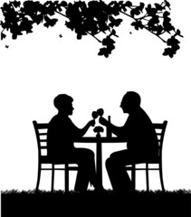 Lovely retired elderly couple drinking glass of wine in garden