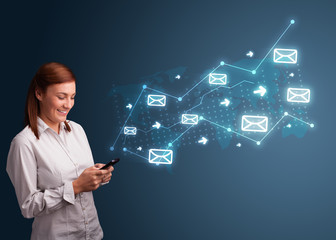 Young lady holding a phone with arrows and message icons