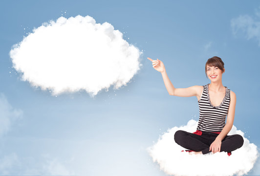 Young Girl Sitting On Cloud And Thinking Of Abstract Speech Bubb