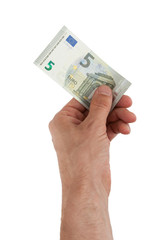 Male hand holding a new 5 Euro bills