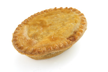 Savoury pie meat with a golden crust on a white background