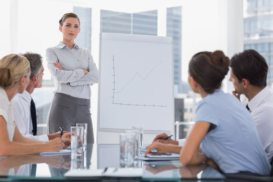 Businesswoman with arms folded in front of a growing chart