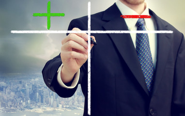 Business man writing pros and cons