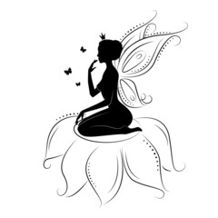 Silhouette of a beautiful fairy  on flowers.