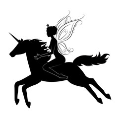 Silhouette of a beautiful fairy riding on magical unicorn.