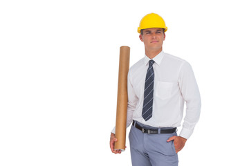 Happy architect holding a rolled up blueprint