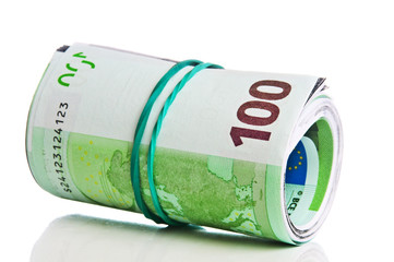 Roll of one hundred euro bills with a rubber band