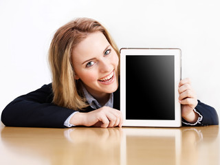 Business woman presenting her tablet pc with copyspace
